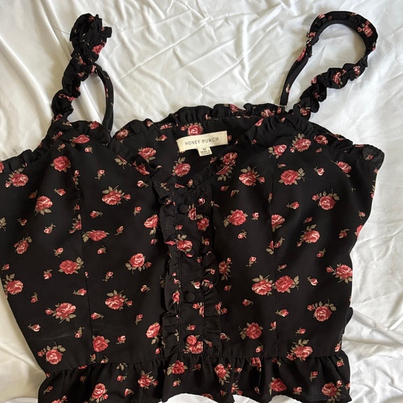 Honey Punch Tops - Honey Punch Black and Pink Floral Blouse